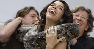 Mallika promotes 'Hisss' with snakes